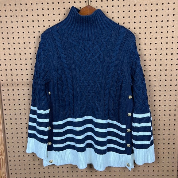 Tuckernuck Sweaters - Tuckernuck Navy Striped Sankaty Turtleneck Sweater with Gold Buttons